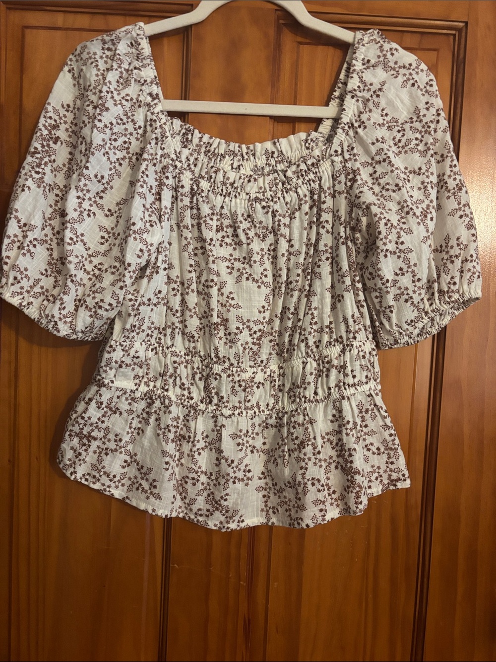 a.n.a Cream Puff-Sleeve Smocked Peasant Top with Brown Floral Print